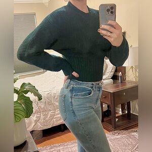 Pink Rose Ribbed Crew Neck Sweater - Deep Green, Medium